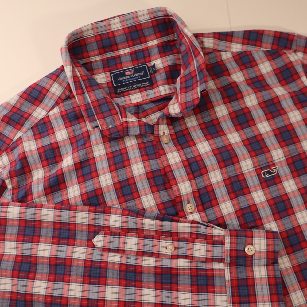 Vineyard Vines Mens  Slim Fit Whale Shirt Red White Blue Plaid Long Sleeve L